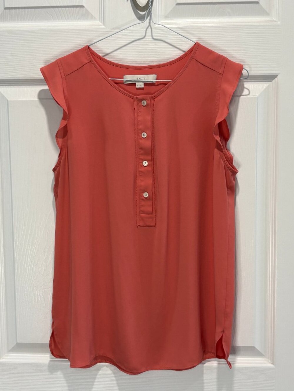 LOFT Ruffle Sleeve Henley Blouse, Coral Pink, Size M